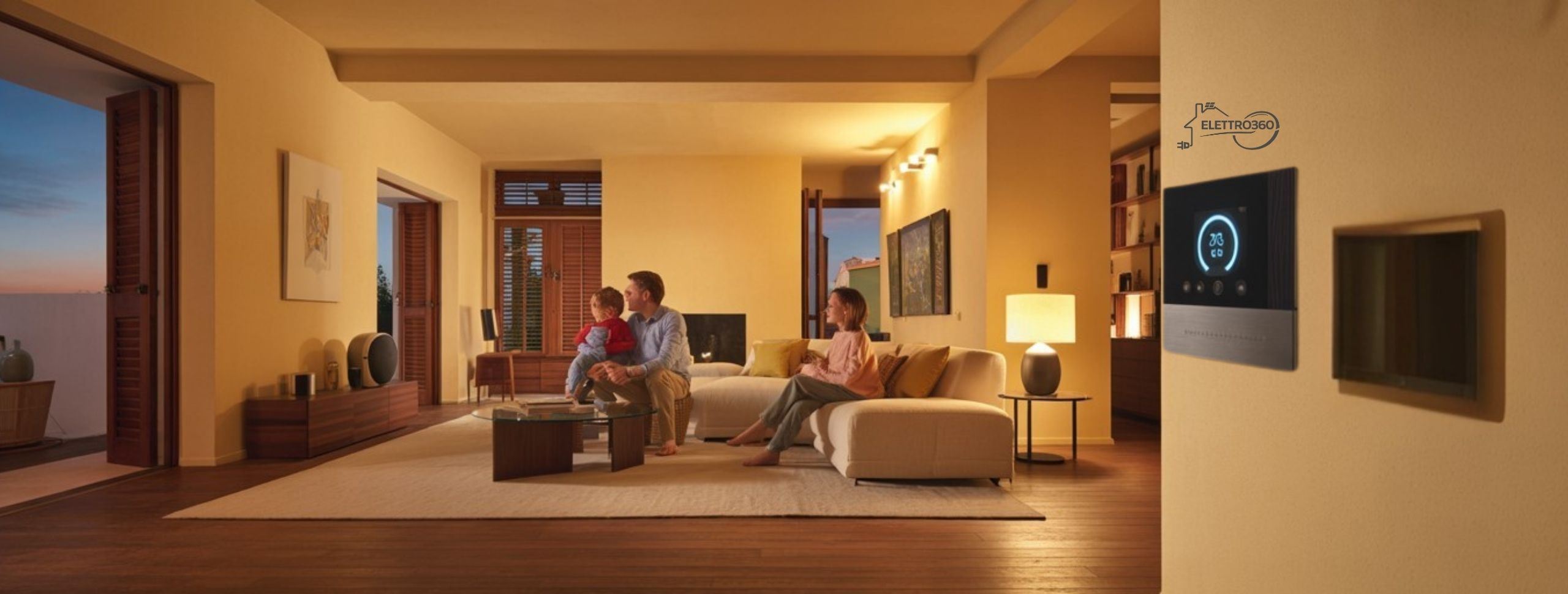 Soggiorno di una casa intelligente con famiglia, illuminazione domotica e termostato smart a parete.