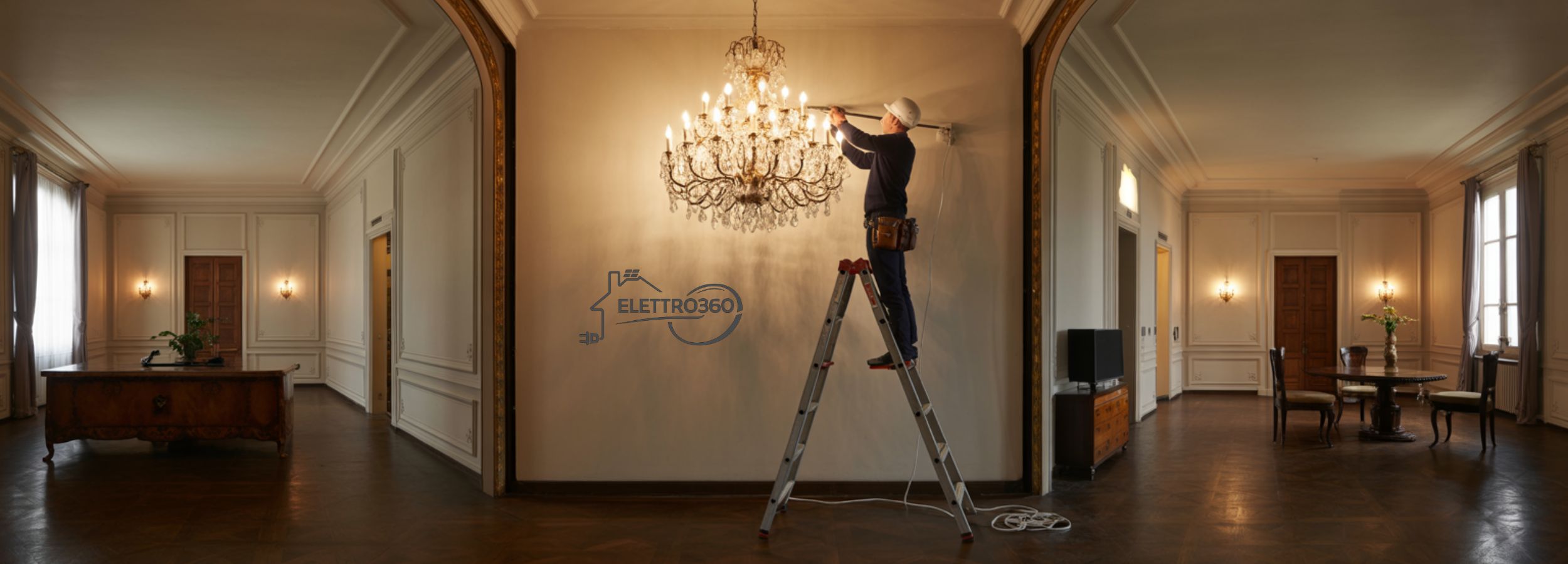 Elettricista a Prato mentre installa un lampadario in un’abitazione elegante con impianto di illuminazione interno