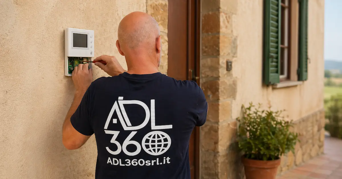 Tecnico ELETTRO360 installa videocitofono smart su parete di abitazione residenziale in Toscana