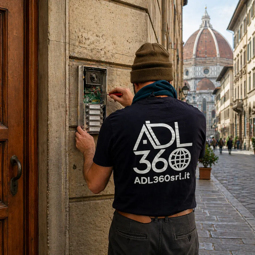 Tecnico ELETTRO360 ripara videocitofono guasto su pulsantiera esterna in Toscana