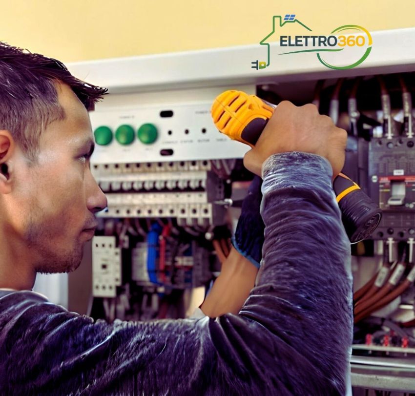 Tecnico elettricista al lavoro su quadro elettrico per manutenzione e sicurezza dell’impianto.