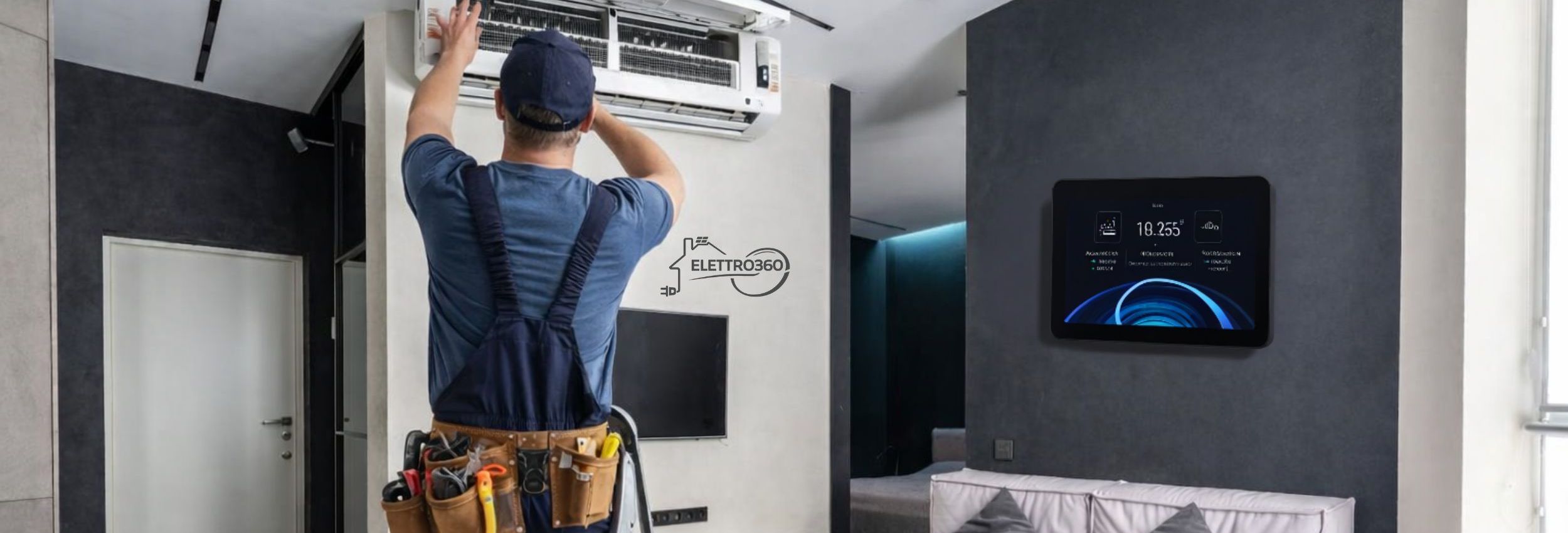 Elettricista a Prato durante l’installazione di un condizionatore split in abitazione moderna