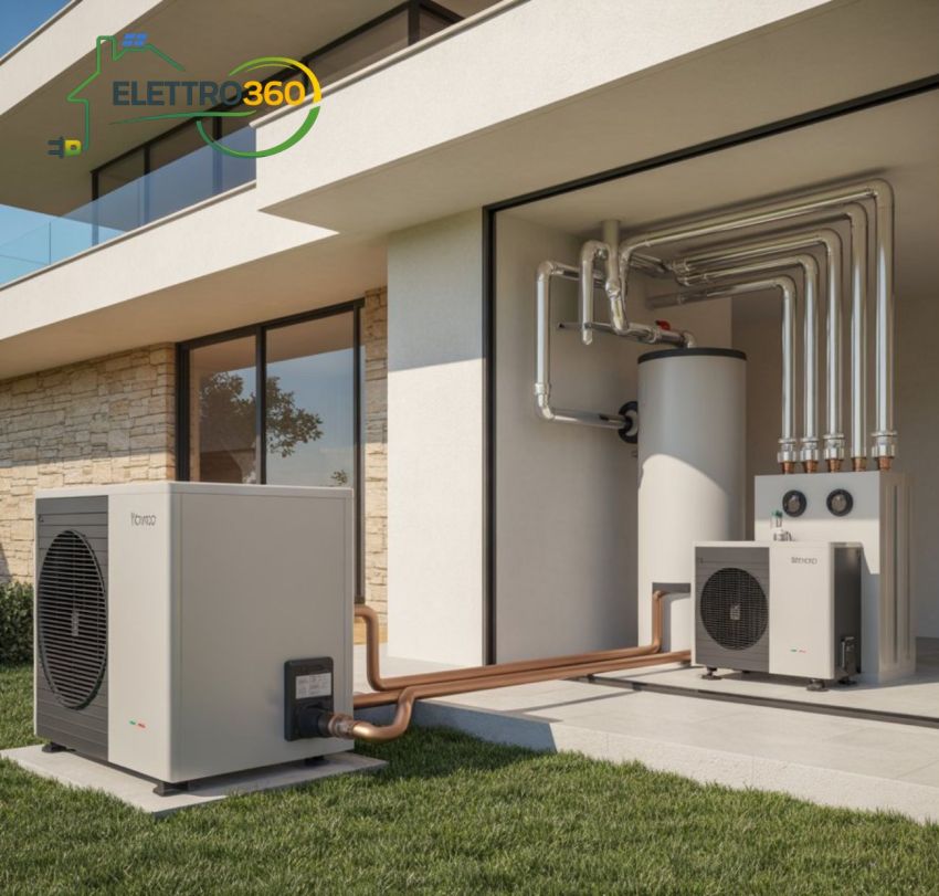 Installazione di pompa di calore con unità esterna e interna in abitazione moderna