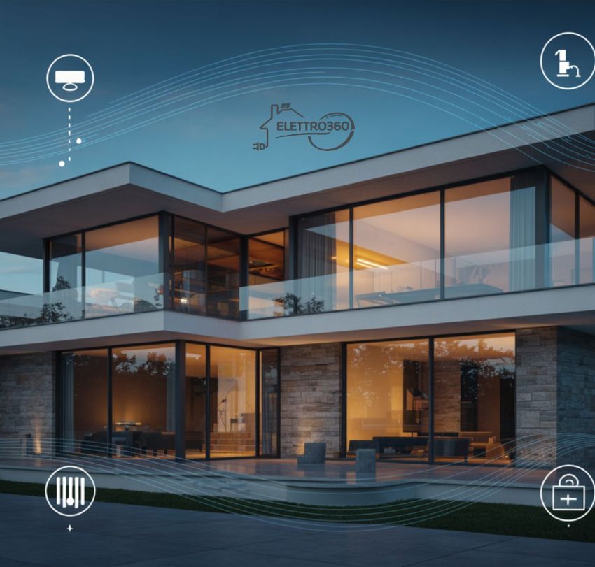 Casa moderna con sistema di domotica e sicurezza integrata, automazione intelligente, videocamere e sensori per il controllo dell’abitazione.